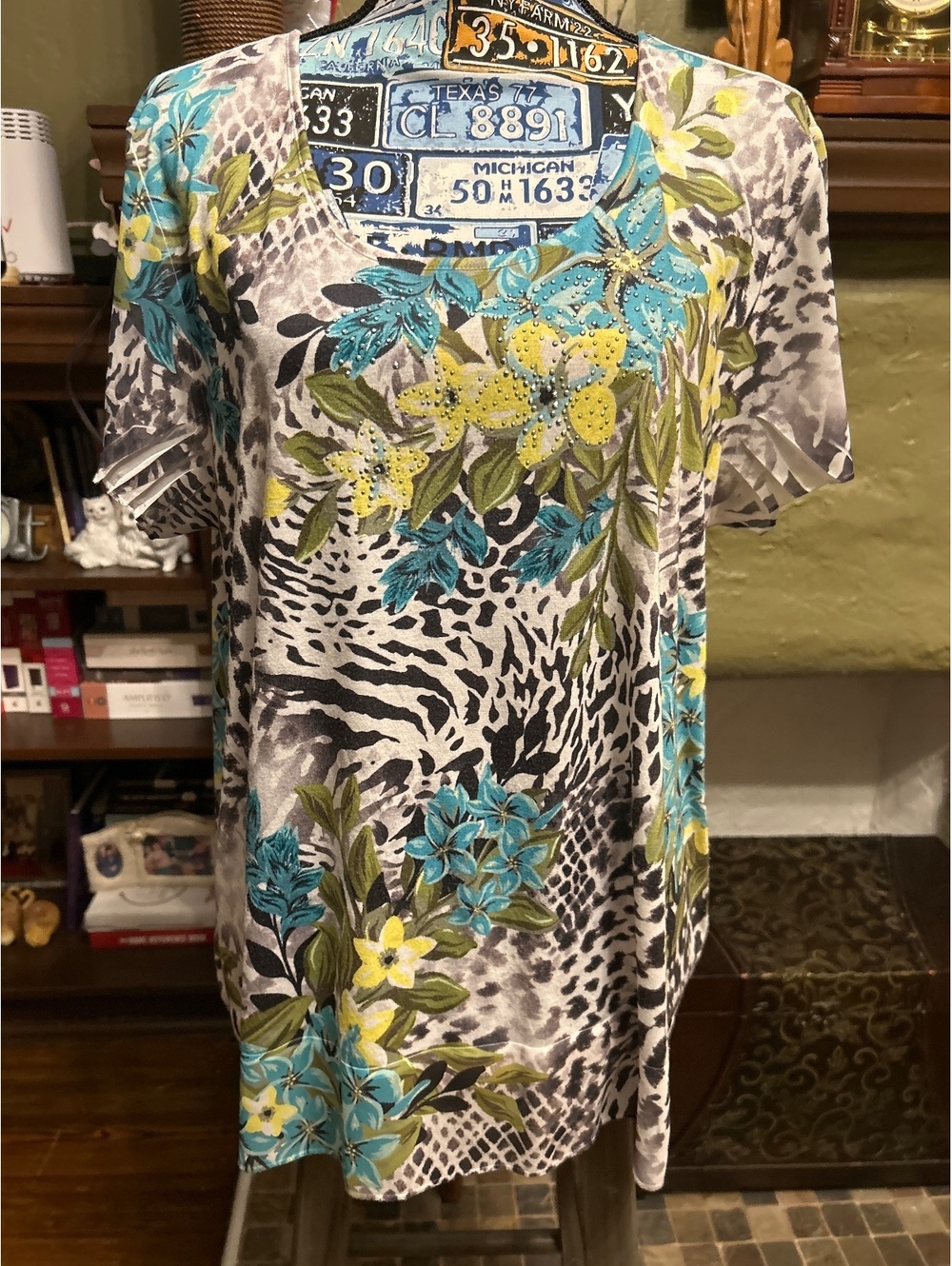 JM Collection Women's Large Floral Animal Print Top with Rhinestone Detail